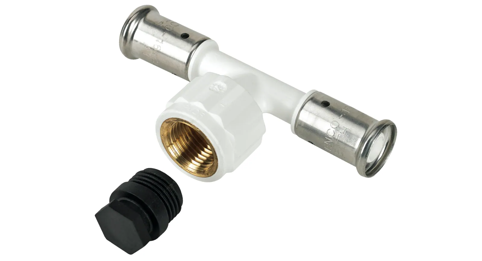 Puristus T-haara muhvi-kierre Henco Henco PVDF Puristusliittimet 20mm x 1/2"sk x 20mm valkoinen