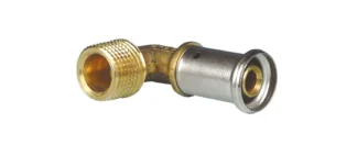 Puristuskulma muhvi-kierre Henco  	Henco PVDF Puristusliittimet 16mm x 3/8" UK, 90 ast. DZR