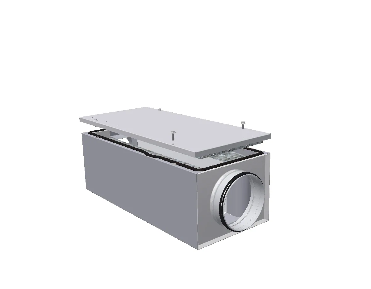 Äänenvaimennin kantikas avatt. LINDAB SAFE KVDPX-250-1000-GALV-2
